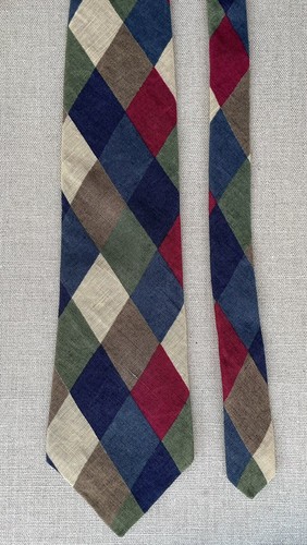 Vintage Structure 100% Linen Tie Blue Green Brown Diamonds Made in USA 4" x 59" - Picture 2 of 13