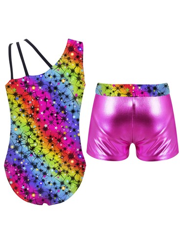 Girls 2Pcs Gymnastics Dance Outfit Sleeveless Leotard with Shorts Sets Dancewear - Picture 22 of 44