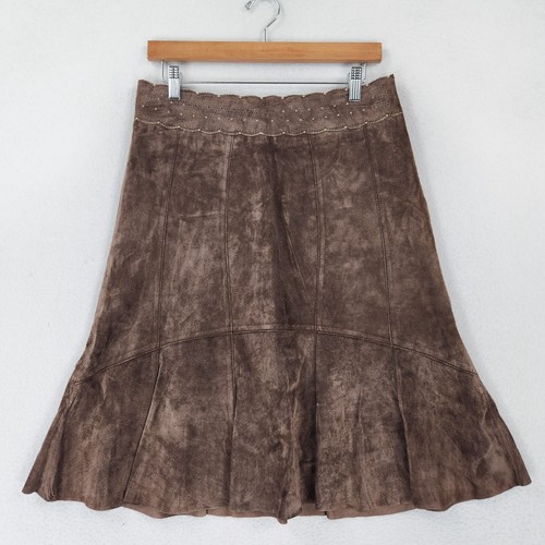 Cabi Skirt Women 6 Brown Suede Leather A Line Flare Knee Length Scalloped Casual