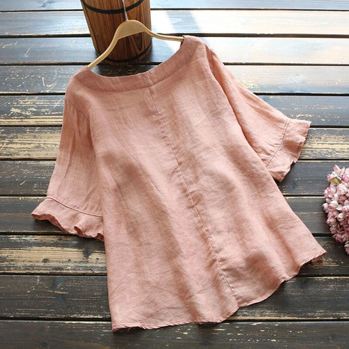 Women's Tunic T-Shirt Cotton Linen Top Ladies Summer Loose Pullover Casual Shirt - Picture 3 of 14