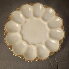 Oyster or Egg White Round Milk Glass Dish with Gold Detail