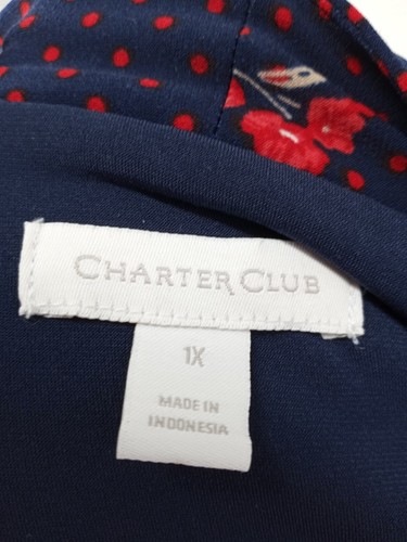 Charter Club Dress Navy Blue 1X Red Floral Grannycore Belted V-Neck Knit 3/4 Slv - Picture 3 of 9