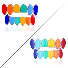 Hip Hop Grillz Teeth 14k Gold Plated Rainbow Vampire Fangs Top Bottom Set