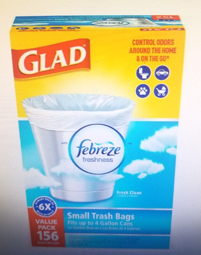 GLAD 4 GALLON SMALL TRASH BAGS, 9" x 8" x 1.5" FEBREZE SCENT (4 GAL, 156 ct)USA - Bild 1 von 8