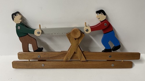 Vintage Primitive Folk Art Lumberjack Men Chopping Wood with Saw - Picture 5 of 10