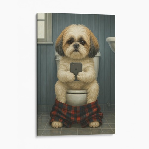 Shih Tzu Maltese On The Phone On The Toilet Funny Dog Canvas Wall Art Print - Picture 2 of 7