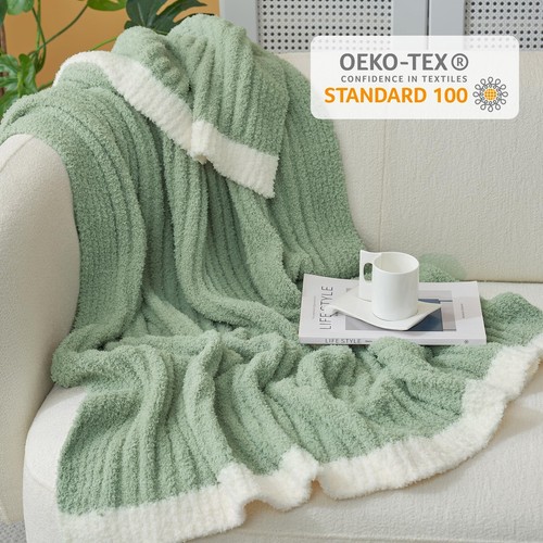 Kuschelsack flauschige gerippte Wohndecke für Couch, salbeigrün, Mikrofaser Kni... - Bild 4 von 9