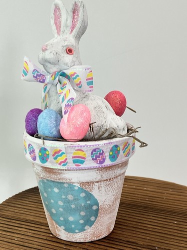 Easter Vintage Bunny In A Pot Handmade Vintage Style Tier Tray Shelf Decor - Picture 4 of 6