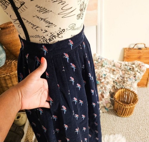 VTG Chater Club Cotton Corduroy Navy Blue Birds Midi Skirt. Sz 6p - Picture 8 of 14
