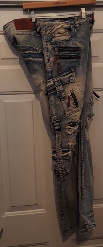 SMUGGLER'S MOON MEN'S DISTRESSED DESTROYED TROOPER CARGO ZIPPER JEANS SIZE 36X32 - Picture 3 of 19
