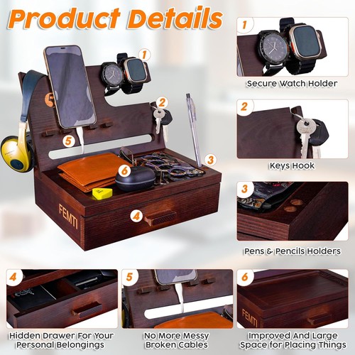 FEMTI Pine Wood Charging Station Dock: Desk & Bedside Organizer - 第 3/7 張圖片
