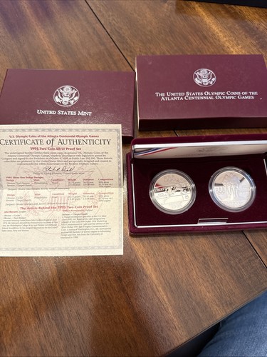 1995 The US Olympic Coins of the Atlanta Centennial Olympic Games 2 Coin Set/COA - Picture 1 of 2