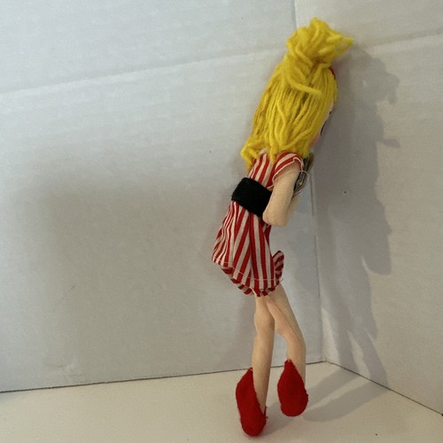 Vintage Schmuckkästchen Puppe mit großen Augen Happy Pose Mod Stoff rot & weiß gestreift Kleid - Bild 5 von 16