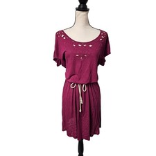 LOFT Casual Cutout Dress Sz Med Drawstring Tie Waist Knee Length Resort Burgundy