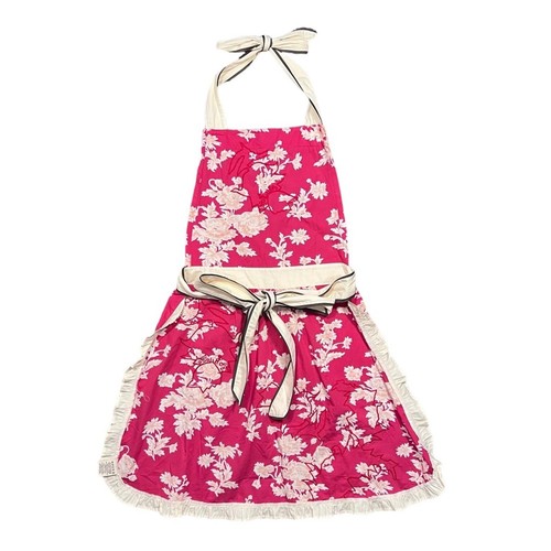 Anthropologie 3D Red Floral Toile Halter Ruffle Pocket Apron Worn On TV One Size - Picture 5 of 7