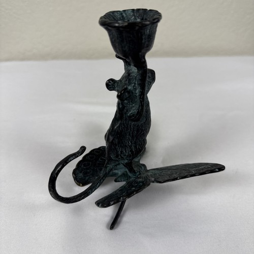 Bronze Mouse Riding Butterfly Candlestick Holder 5" Natural Patina - Picture 2 of 7