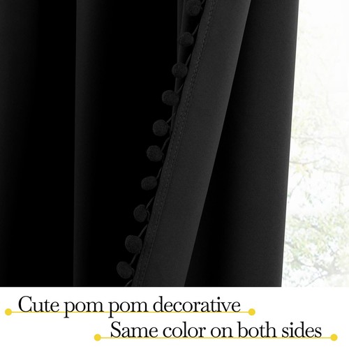 Black Blackout Pom-poms Curtain Drapes, Rod Pocket Thermal Insulated Bohemian... - Picture 4 of 7