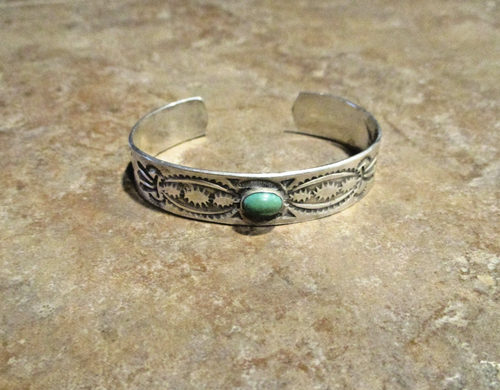 ELABORATE Old 1940's Navajo Sterling Silver Turquoise STAMPED DESIGN Bracelet - Picture 7 of 14