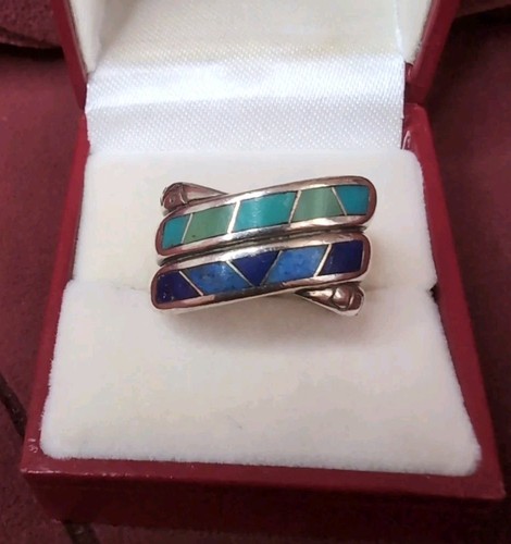 Anello vintage argento sterling 925 multipietra mosaico turchese intarsiato misura 7,5 - Foto 6 di 9