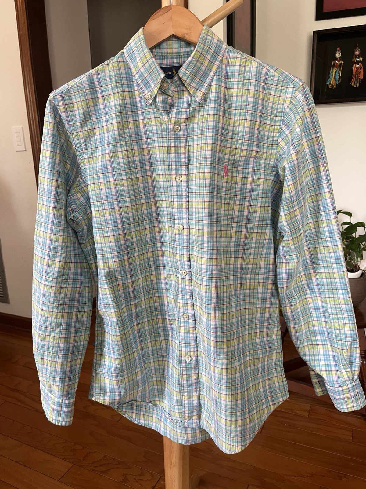 PONY POLO RALPH LAUREN taglia small pastello a quadri uomo camicia con bottoni davanti B6