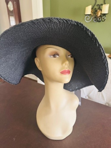NWT WIDE BRIM STRAW BLACK FLOPPY SUN HAT WEDDING PACKABLE LINEN BOW BEACH NEW - Picture 14 of 19