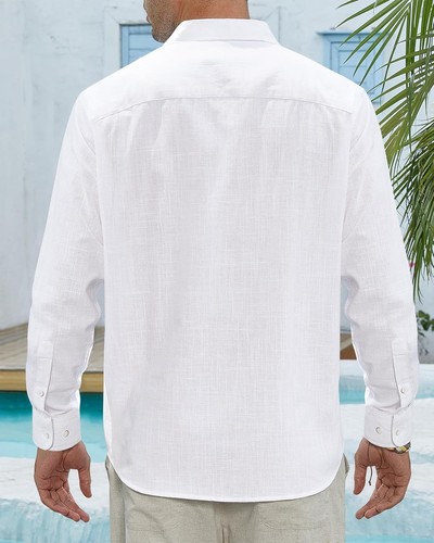 Herren Leinenhemden Freizeit Button Down Langarm Hemd Einfarbig Spread Hemden - Bild 3 von 57