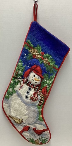 LL BEAN Needlepoint Christmas Stocking Snowman Cardinals 19”  100% Wool Front - Picture 1 of 9