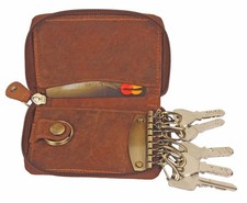 Leather Key Case Holder - Zippered Key Organizer Wallet with 8 Hooks for Keys...