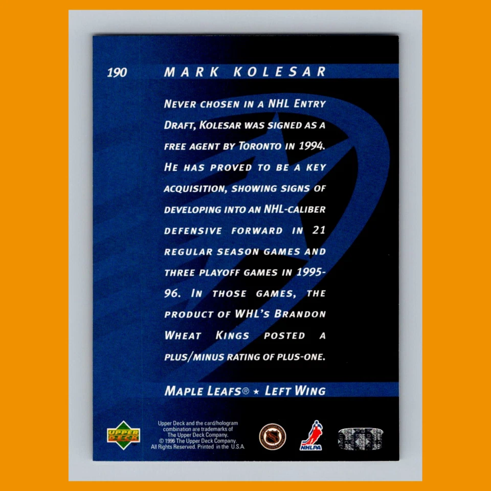 Mark Kolesar #190 1996 Upper Deck Toronto Maple Leafs Hockey Card NHL NM - Image 2 of 3