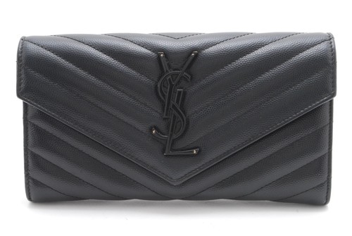 Rare* Saint Laurent Long Wallet Purse YSL Leather V stitch Black - Picture 2 of 15