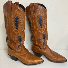 Vintage Dan Post Leather Cowboy Boots Brown w/ Blue Stitching Women s 6.5-7