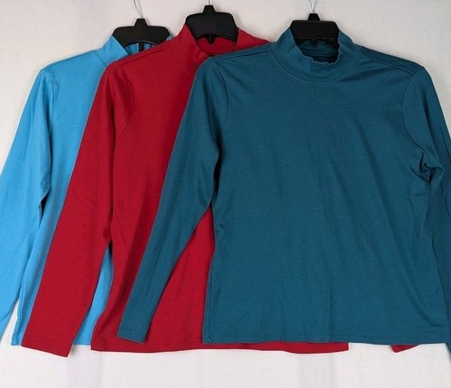 Lot 3 L.L. Bean Shirt Women's L Green Red Teal Base Layer Mock Neck Long Sleeve - Picture 2 of 12