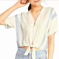 Rails Watercolor Pastel Stripe Rayon Thea Button-Up Tie Waist Top Women's L
