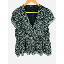 Madewell Womens Black Mint Floral Flutter Sleeve Peplum V Neck Top Size L