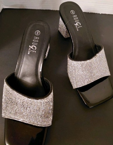 Women's Black Rhinestones Designer Slides Block Heel Sandals-Size9 Never Worn - Picture 2 of 8