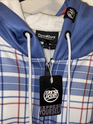 Fresh Hoods Plaid Blue And White Full Zip Hoodie Mens Size Large NWT - Picture 3 of 9