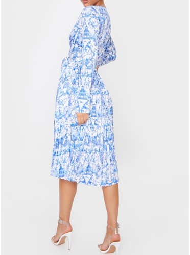 NWT PrettyLittlething Blue Porcelain Print Wrap Pleated Midi Dress US 10 UK 14 - Picture 2 of 9