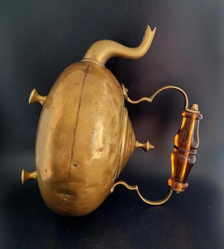 Antique Brass Tea Kettle Marked JCB Hammered Patina Hand Made Amber Glass Handle - Picture 5 of 12