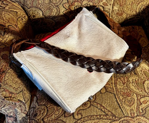 Hair on Cowhide messenger bag, white body w brown & black patches by HollyJ Beck - Picture 9 of 12