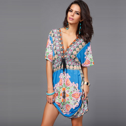 Plus Size Summer Short Dress Beach Casual Boho Dress Vacation Sexy V Neck Dress - Picture 10 of 14