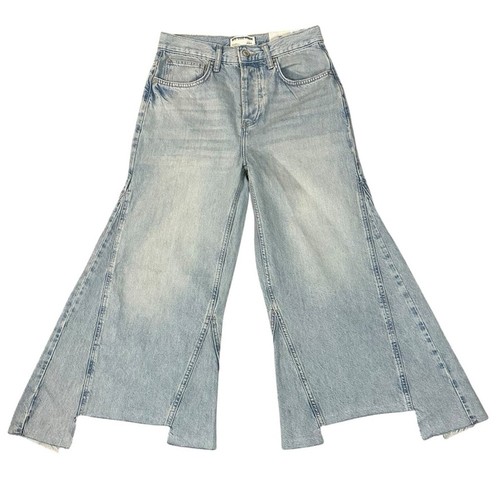 Free People Ripple Wide Leg Crop Jeans Light Wash Size 26 L Culottes Retro 70s - Picture 7 of 14