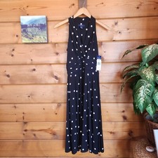 CHAPS NWT Fit & Flare Dress Sleeveless Black White Polka Dot Stretch Pleats Sz S