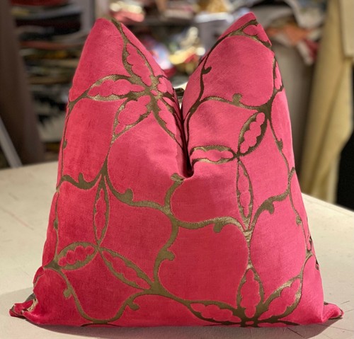 PAIR HARLEQUIN BLUSH COFFEE "PASHA" ENGLISH CUT VELVET CUSTOM PILLOWS - Picture 1 of 2