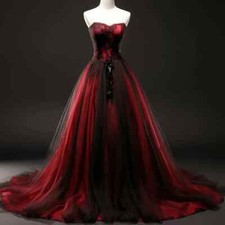Black Red Gothic Wedding Dresses Strapless Lace Applique Sleeveless Bridal Gowns