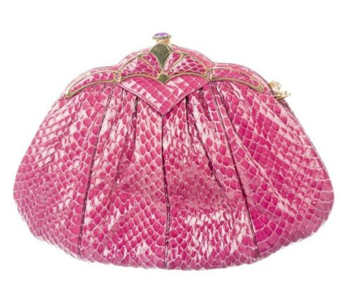 Judith Leiber SnakeSkin Pink Day Evening Handbag Gold Amethyst Gem Vintage gyuh - Picture 3 of 5