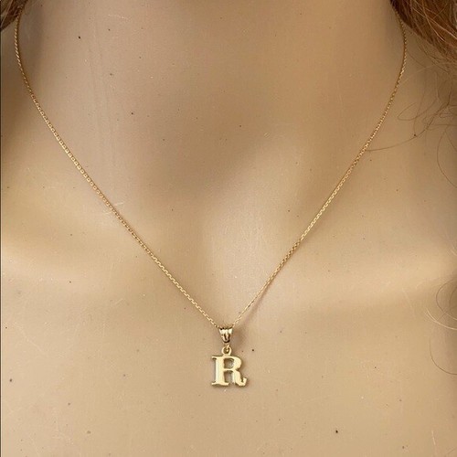 14k Solid Yellow Gold Small Mini Initial Letter R Pendant Necklace - Picture 2 of 8