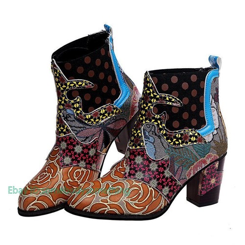 Para mujer Retro Boho Tacones Medios Informales Punta Redonda Bloque de Perlas Cremallera Zapatos - Imagen 7 de 30