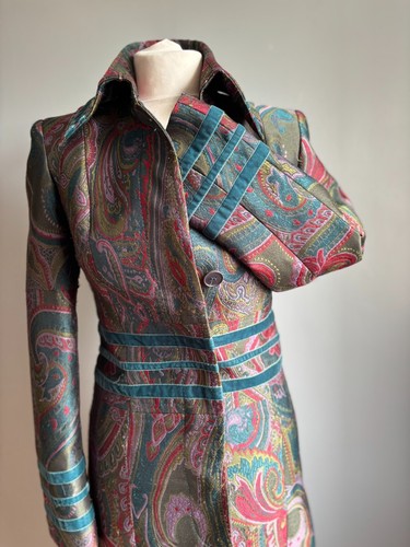 KAREN MILLEN jacquard JACKET 10 long ling line coat velvet rainbow peacock teal - Picture 10 of 22