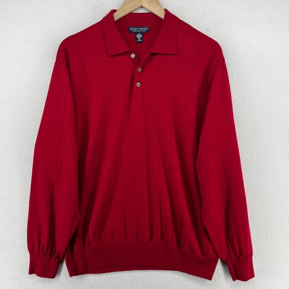 Suéter GRANT THOMAS XL Extrafino Italiano Lana Merino Polo Golf Jersey Rojo Italia Foto 2 de 4