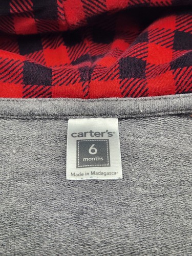 Carter’s Mommy’s Big Guy Grey Zip Up 6 Month Hoodie Buffalo Check Hood Lining - Picture 4 of 5